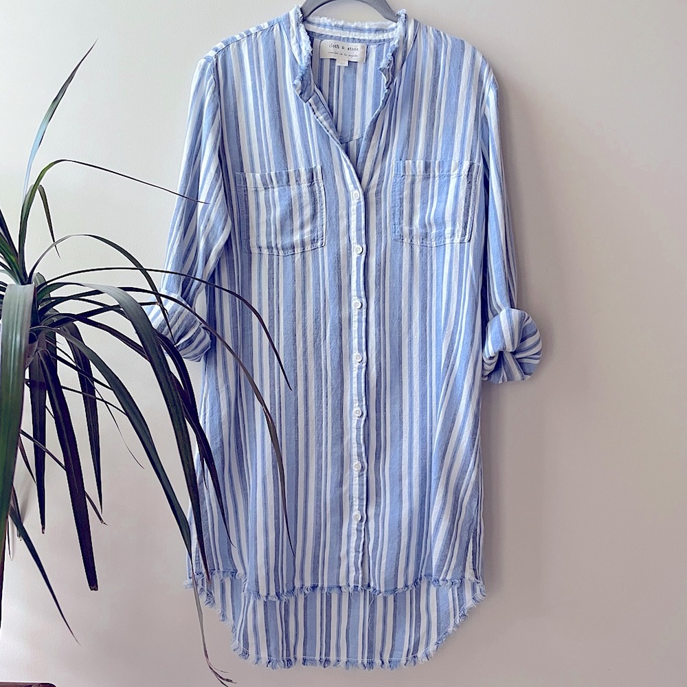 Anthropologie Cloth & Stone Blue Striped Tunic button Down Shirt